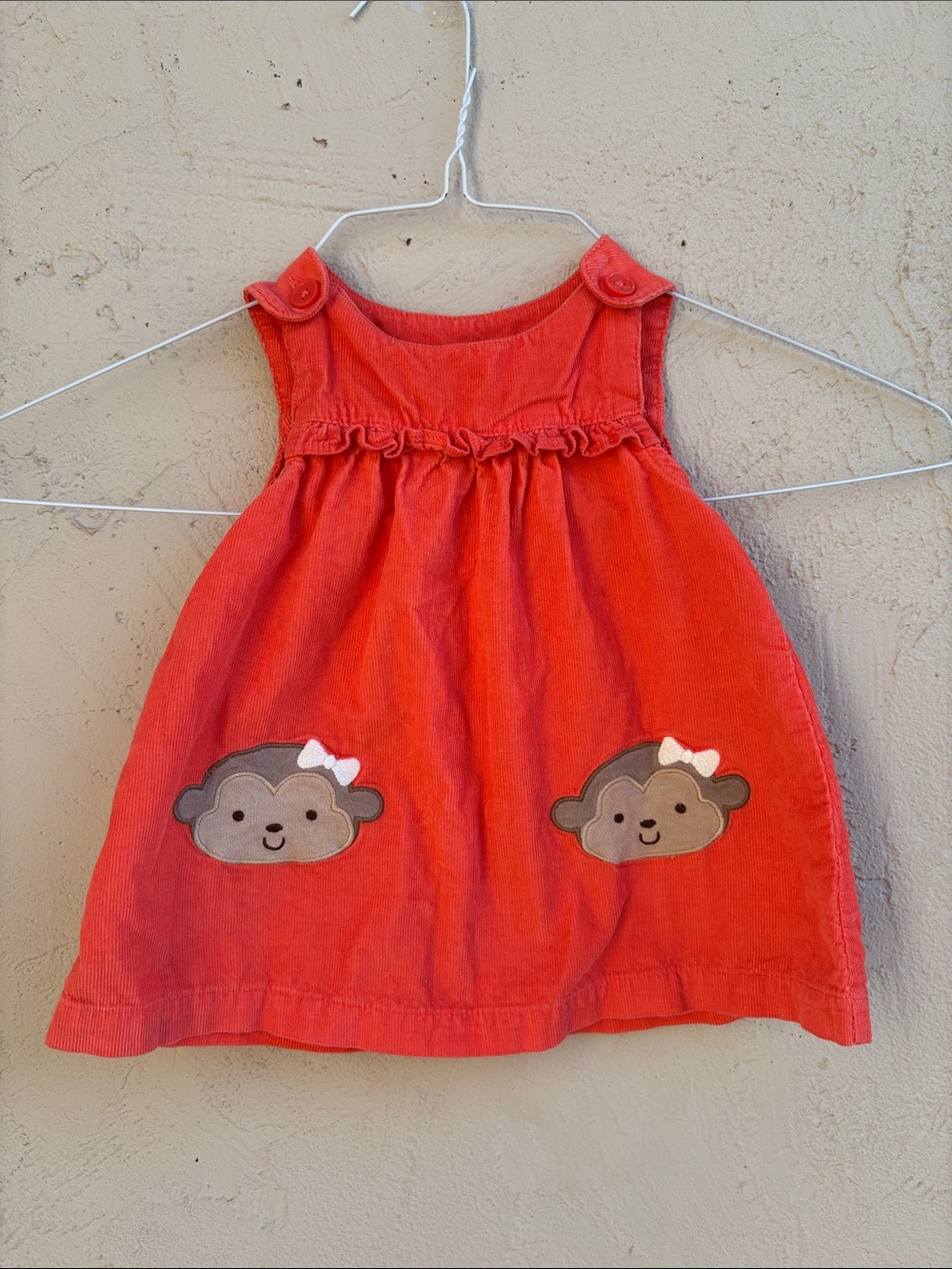 Baby Orange Monkey Appliqué Corduroy Dress